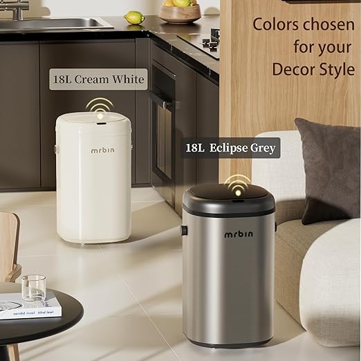MRBIN Stainless Steel Adsorption Motion Sensor Trash Can Removable 18L / 4.8gal Automatic Absorbing Bag Lidded Garbage Bin with Wheels Waste Basket for Kitchen Bathroom Eclipse Grey