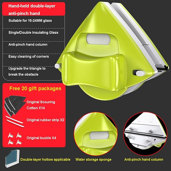 Window Cleaner Wipers Double Side Magnetic Window Cleaner Washing Equipment Ultra-Strong Both Side Glass Surface Cleaning Brush Wiper Tools for High-Rise and Car Glazed Windows Thickness 15-24mm