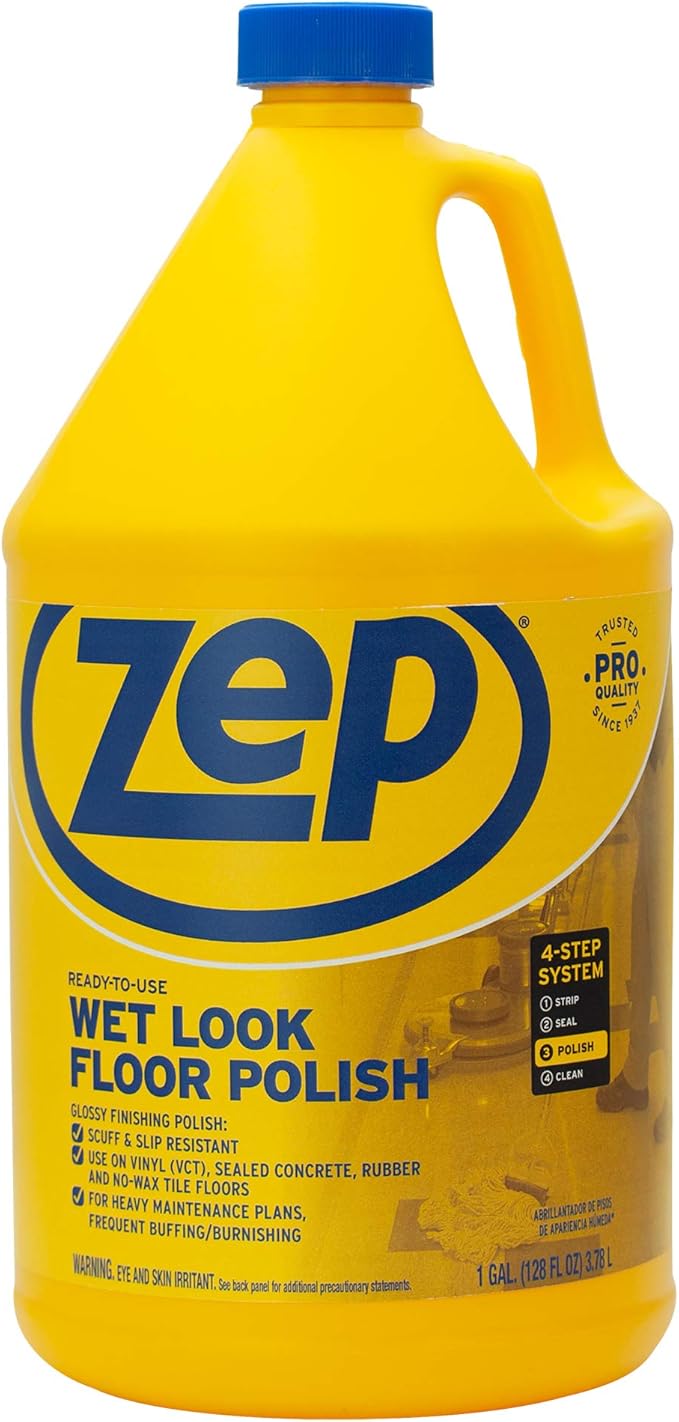 Zep Wet Look Floor Polish - 1 Gallon (Case of 2) ECZUWLFF1282 - Long Lasting Glossy Finishing Polish Scuff &amp Slip Resistant for Vinyl (VCT) Sealed Concrete Rubber and No-Wax Tile Floors