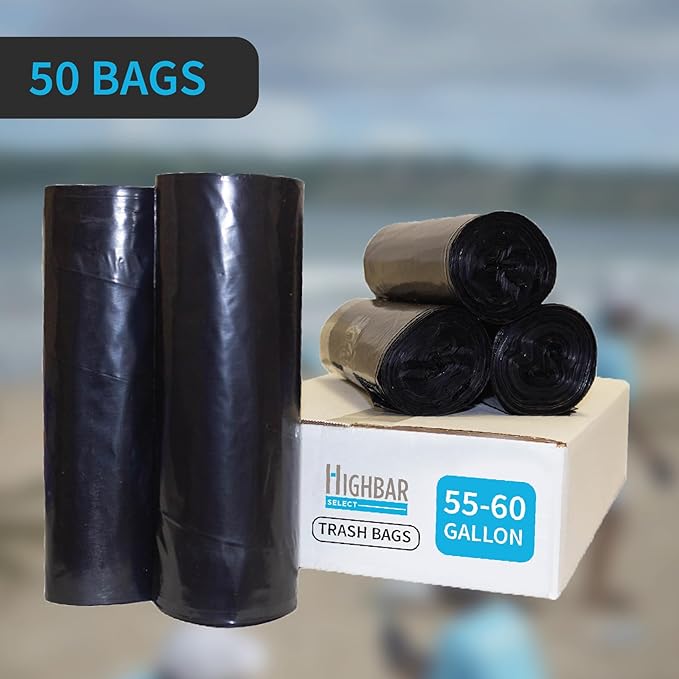 Industrial Grade 50 Count Black Trash Bags 55-60 Gallon 2.0 Mil 36 x 58 Extra Strength Heavy Duty Tear and Puncture Resistant No Ears Unscented Durable No Ties Made in USA