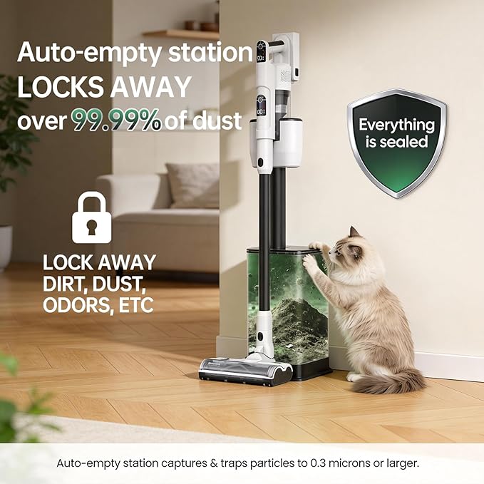 Dibea Cordless Stick Vacuum Cleaner with Auto-Empty Station HEPA Filter Portable Furniture Vac Rechargeable Dust Base Exclusive Motorized Hand Tool for Pet Hair Carpet Tile