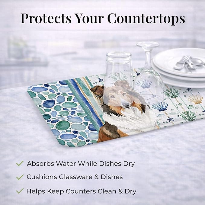 Caroline's Treasures Sable Collie Coastal Sea Glass Dish Drying Mat Absorbent Dish Drying Mat Pad for Kitchen Counter Dish Drainer Mat for Countertop 14 x 21 Multicolor