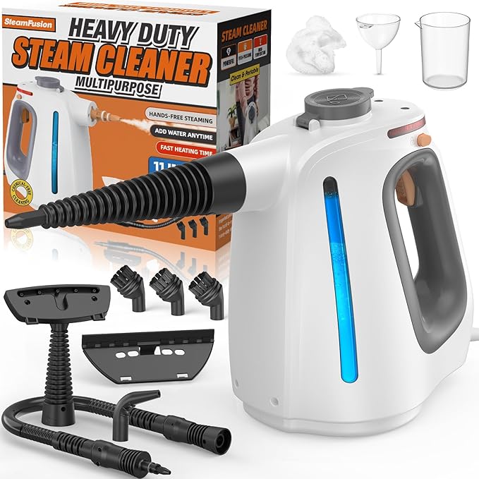 Heavy Duty Handheld Steam Cleaner for Cleaning with Lockable Steam Button&amp11pcs Accessories Unlimited Water Addition for Continuous Steaming Multi-Purpose Steamer for Cleaning Car Grout (grey)