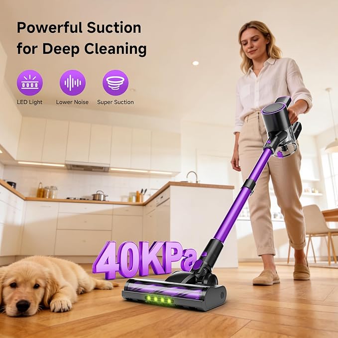 Cordless Vacuum Cleaner40Kpa Powerful Vacuum Cleaners for Home Vacuums with LED Display Anti-Tangle 8 in 1 Lightweight Vacuum for Hard Floors Pet Hair(Purple)