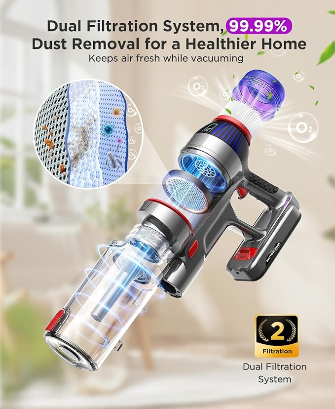 Cordless Stick Vacuum Cleaner for Home: Power Suction Vacuum Tangle-Free Lightweight Design &amp 2600mAh Detachable Battery Up to 50mins Runtime for Pet Hair Carpet Hardwood Floor