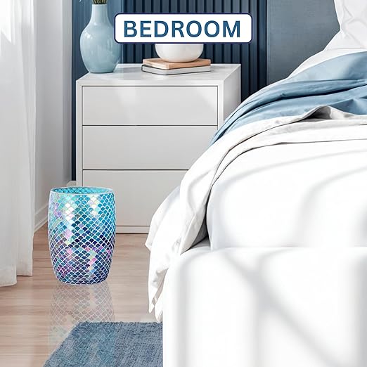 Escenzy Mermaid Bathroom Trash Can Mosaic Glass 5L | Decorative Small Garbage Can | 7 x 10 | Luxury Waste Basket for Restroom Office Bedroom &amp Kitchen | Shiny Glass Mermaid Bathroom Accessorie