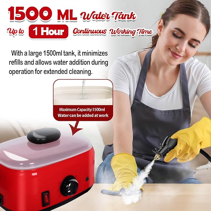 Handheld Steam Cleaner 2500W 1500ml High Pressure Steamer for Cleaning (Red-1500ML Water Tank)