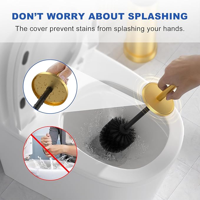 Toilet Brush and Holder Set: 304 Stainless Steel Brushed Gold Toilet Bowl Brush and Holder with Removable Inner Bowl and Splash Protection Heavy Duty Long Handle Bathroom Cleaning Tool