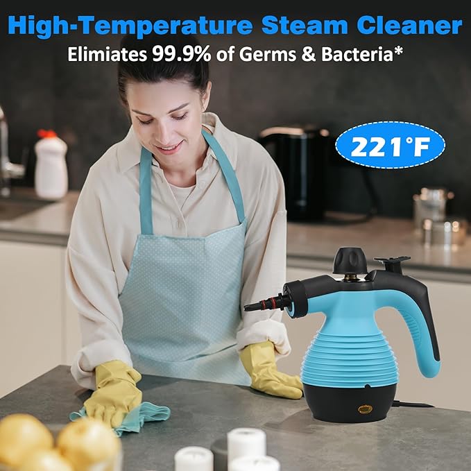 AORESAC Handheld Steam Cleaner Multi-Purpose Steamer Pressurized Electric Steam Cleaner with Safety Lock and 9 Accessory Kit for Upholstery Kitchen Bathroom Grout Tile and Floor Cleaning Blue