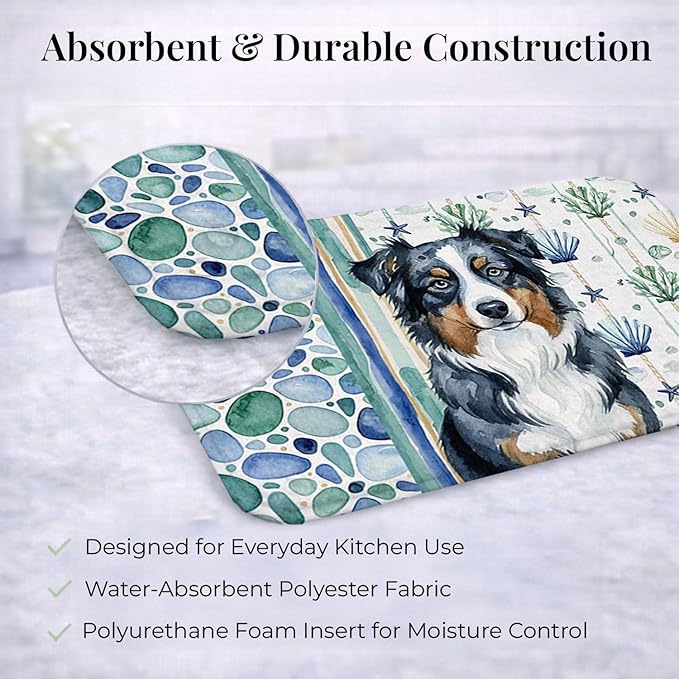 Caroline's Treasures Black Australian Shepherd Coastal Sea Glass Dish Drying Mat Absorbent Dish Drying Mat Pad for Kitchen Counter Dish Drainer Mat for Countertop 14 x 21 Multicolor