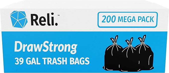 Reli. 39 Gallon Trash Bags Drawstring (200 Count Bulk) Large 39 Gallon Heavy Duty Drawstring Trash Bags - Black Garbage 39Gal Capacity Lawn Leaf (39Gal)
