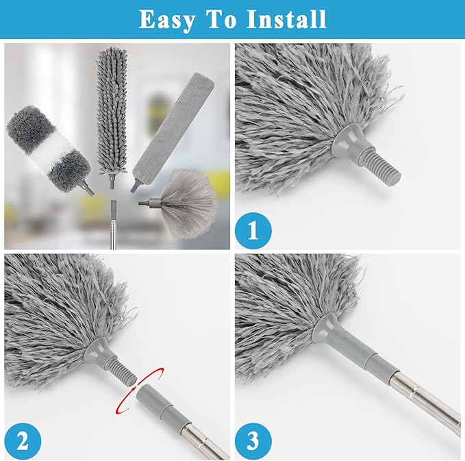 Microfiber Duster Kit 27pcs with 30 to 100 Inches Extension Pole and Wall Cleaner Mop Washable and Bendable Feather Duster for Cleaning Ceiling Fans High Ceilings Cobwebs Blinds Grey