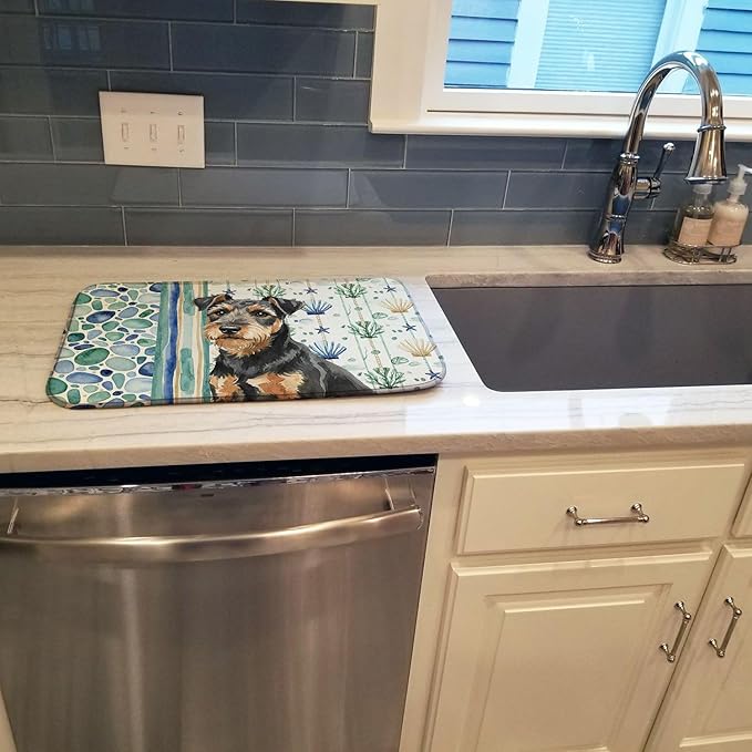 Caroline's Treasures Black and Tan Lakeland Terrier Coastal Sea Glass Dish Drying Mat Absorbent Dish Drying Mat Pad for Kitchen Counter Dish Drainer Mat for Countertop 14 x 21 Multicolor