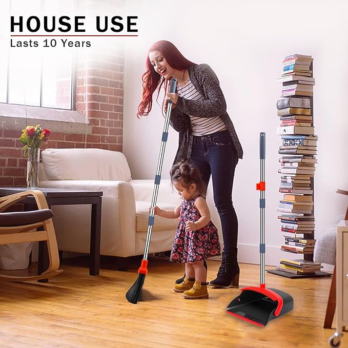 2-Pack is More economicalBrooms with Dustpan Combo Set with 52 Long Handle Dustpan Teeth with self-Cleaning Function Indoor and Outdoor Sweeping Perfect for Home Office (Large/Red /2-Pack)