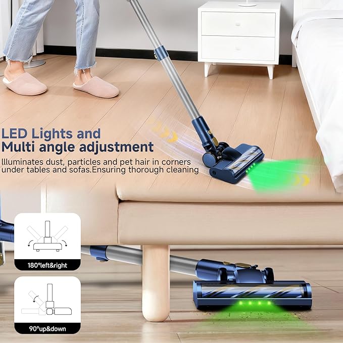 Cordless Stick Vacuum Cleaner - 45KPA Powerful Suction Vacuum with 45 Min Runtime Detachable Battery Anti-Tangle &amp 1.5L Dust Cup 8 in 1 Vacuum Cleaner for Pet Hair Carpet HardFloor Blue
