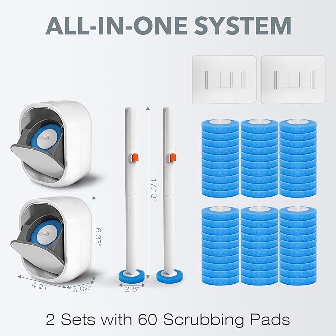 2-Pack Disposable Toilet Brush &amp Wand Kit Wall-Mounted Auto-Closing Caddies with 60 Refills Deep Cleaning System with Pre-Loaded Scrubber for Rust &amp Hard Water - Mess-Free Modern Design