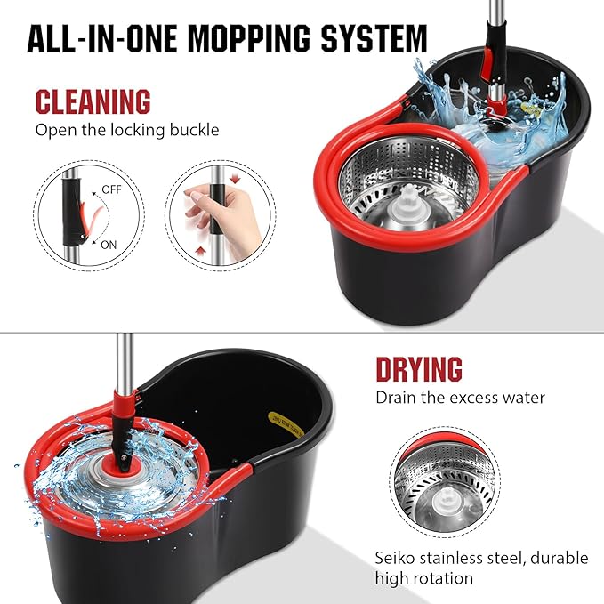 Spin Mop and Bucket with Wringer Set 360° Spinning Mop Bucket System with 3 Microfiber Mop Replacement Heads and 51 Stainless Steel Adjustable Handle for Floor Cleaning (15QT)