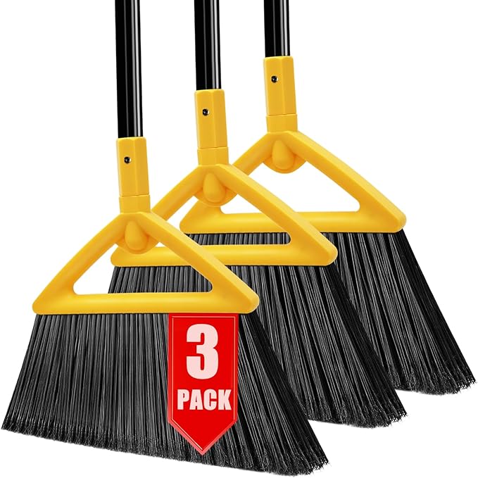 Heavy Duty Broom Outdoor and Indoor 3 Pack Upgraded Commercial Angle Brooms Perfect Yellow Broom of House Kitchen Garage Courtyard