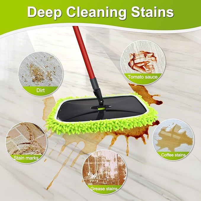 Mops for Floor Cleaning Dust Mop for Hardwood Floors Extra Large Floor Mop with Extendable Handle and 3 Reusable Chenille Mop Pads Flat Dust Mops for Hardwood Marble Vinyl Tile Floors Cleaning