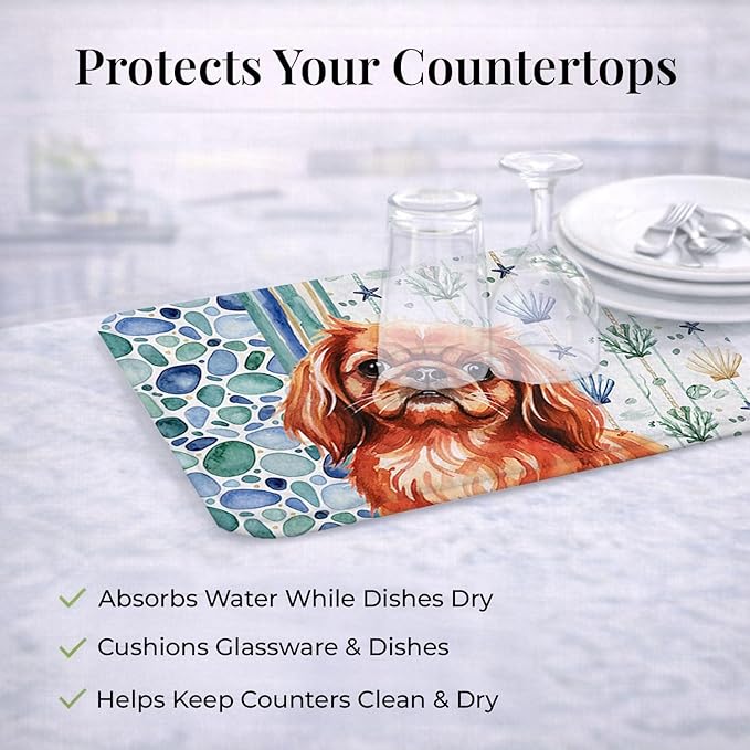 Caroline's Treasures Red Pekingese Coastal Sea Glass Dish Drying Mat Absorbent Dish Drying Mat Pad for Kitchen Counter Dish Drainer Mat for Countertop 14 x 21 Multicolor