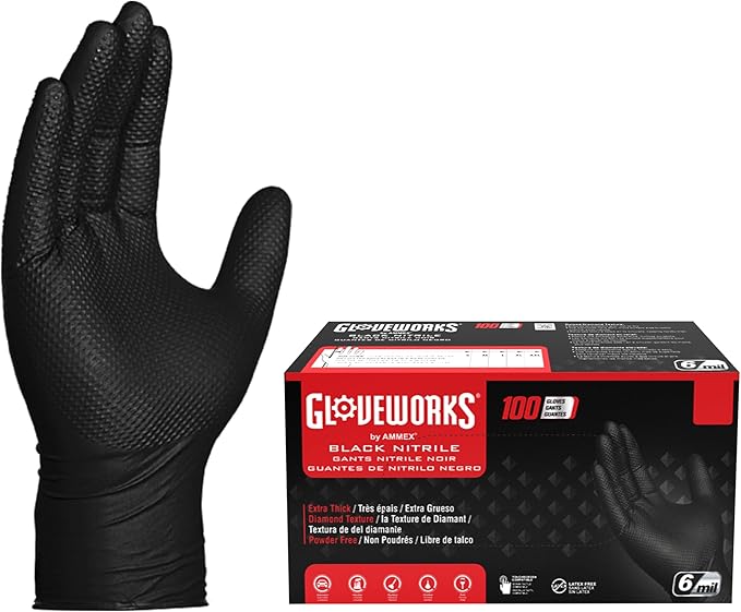 GLOVEWORKS Green Nitrile Gloves 8 Mil Disposable Heavy Duty Raised Diamond Texture Latex Free Industrial Mechanic Glove