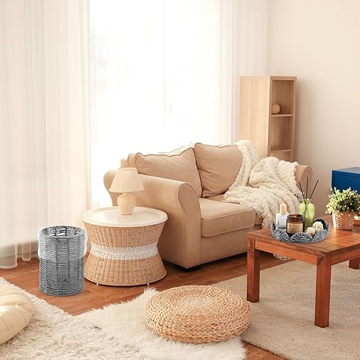 Ctosree 1.3 Gallons Small Wicker Trash Can with Lid Handle Woven Wicker Rattan Bathroom Waste Basket Boho Trash Basket with 100 Plastic Garbage Bags for Bedroom Office Laundry (Scalloped Style Gray)