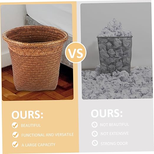 Happyyami Waste Holder Straw Woven Waste Paper Basket Decorative Small Wastebasket for Home