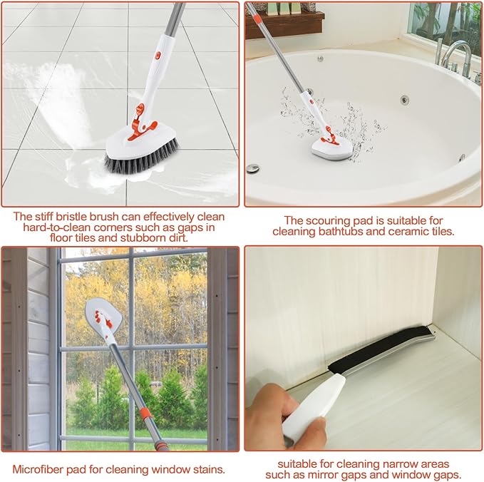 3 in 1 Tub Tile Scrubber Brush52 Inch Long Handle Shower Scrubbing with Locked Head Shower Cleaning Brush for Bathroom Kitchen Toilet Wall Sink