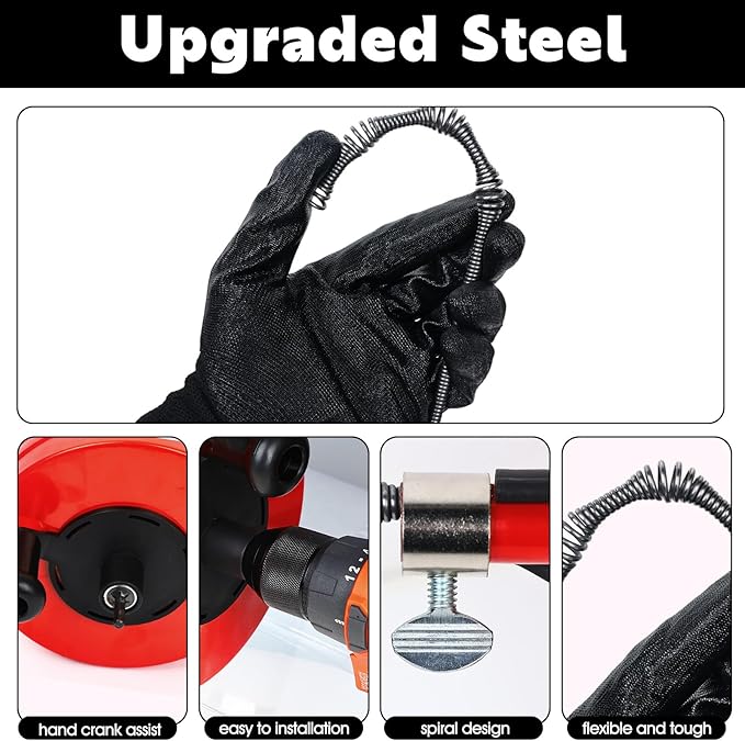 50 Ft Drain AugerUse Manually or Drill Powered 50 Feet Drain SnakeHeavy Duty Flexible Plumbing SnakeWith Gloves and Storage Bag for Kitchen Sink Shower Drain (50FT Red)