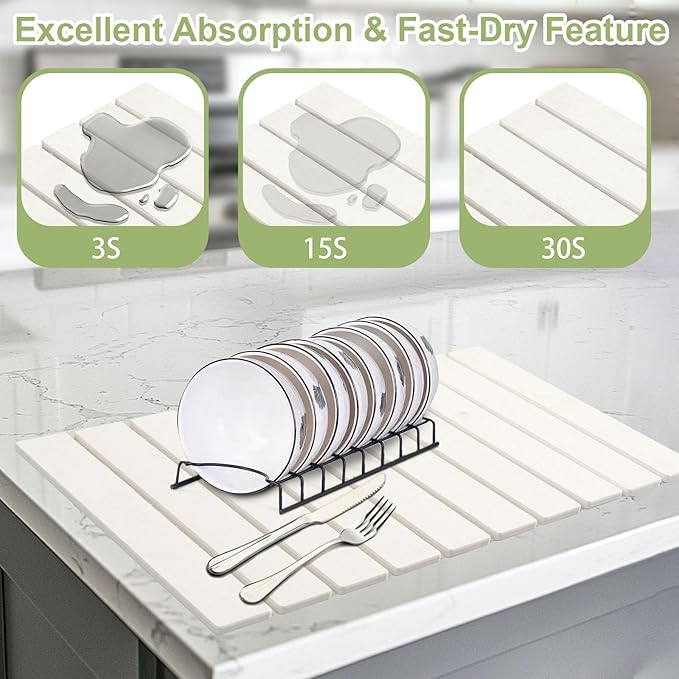 White Stone Drying Mat for Kitchen Counter Foldable 24 x 16 Diatomaceous Earth Dish Drying Mat Quick-Dry and Absorbent Mat for Dishes Bottles Cups Bathroom or Countertops