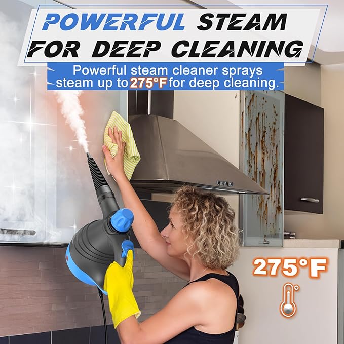 Handheld Steam Cleaner - 275°F High Temperature Fast Heating Multi-Purpose Portable Deep Steam Cleaner for All Surfaces With 9pcs Accessories 100% Chemical-Free Steamer for Cleaning Home Car Grout