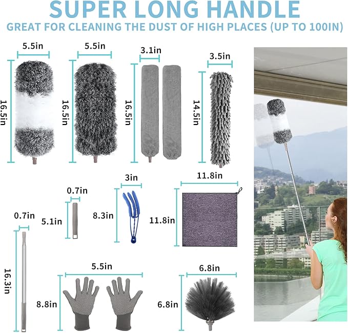 Microfiber Feather Duster with Extension Pole 30 to 100 inches ReusableBendable Washable Dusters for Cleaning Ceiling Fan High Ceiling Blinds Furniture &amp Cars 12PCS