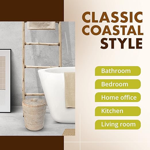 KOUBOO La Jolla Rattan Round Waste Basket With Lid &amp Plastic Insert 2 Gallon Woven Wastebasket for Bathroom Kitchen Office Living Room &amp Home Decor White Wash