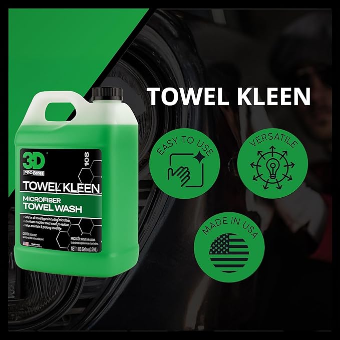 3D Towel Kleen Concentrated Microfiber Detergent - Deep Cleans Restores &amp Maintains Car Wash Towel Life - Low Foam No Residue Premium Laundry Soap 1 Gallon