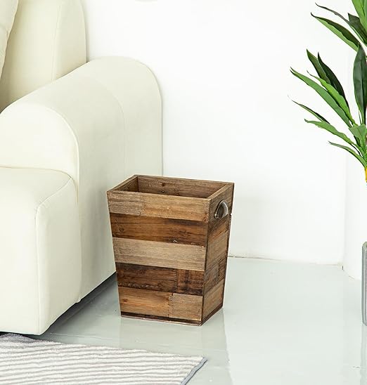 Small Wood Trash Can Farmhouse Rectangular Garbage Can Waste Basket Rustic Distressed Reclaimed Wood Wastebasket Vintage Wooden Trash Recycling Bin Storage Basket with Metal Handles (Natural)