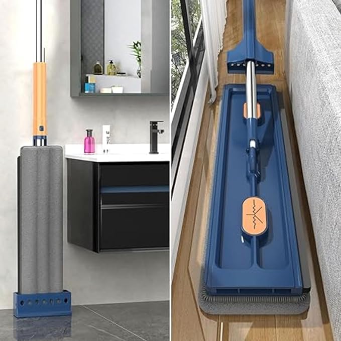 360° Adjustable Rotating Cleaning Mop with Automatic Compressed Water Triangular Mop for Cleaning Kitchen Walls Ceiling Corners (Flat) Blue + 6 Cloth)
