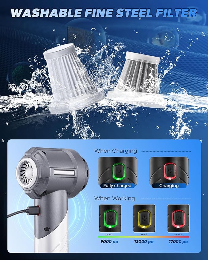 Saker Car Vacuum Portable Cordless Foldable Mini Handheld Vacuum Cordless and Air Duster 17000PA High Power Vacuum Cleaners for HomeCarsOffice Cleaning HL133 Silver