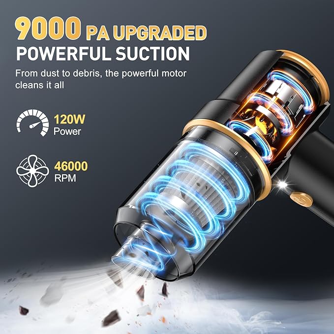 KMM Handheld Car Vacuum Cleaner 9000PA Vacuum Cleaner &amp Air Duster 120W High Power Vacuum Portable Cordless Hand Held Vacuum Rechargeable with Multi-Nozzles &amp LED Light for Home Car Offic