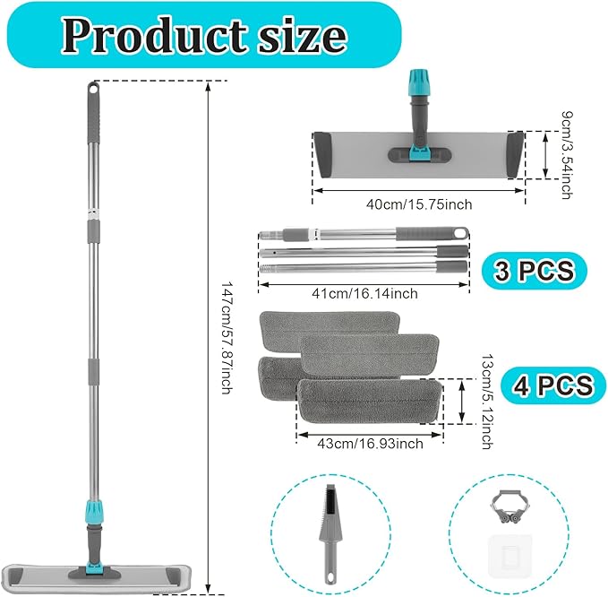 Microfiber Mop Floor Cleaning Mop Flat Mop with Stainless Steel Handle 4 Reusable Washable Mop Pads for Hardwood Laminate Tile Floor Cleaning
