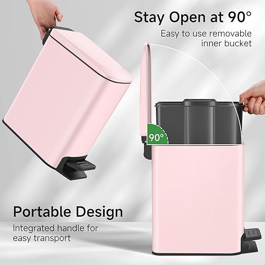 TIPGO Slim Bathroom Trash Can with Lid Soft Close 6 Liter / 1.6 Gallon Stainless Steel Garbage with Removable Inner Bucket Small Trash Bins for Bedroom Office (Pink)