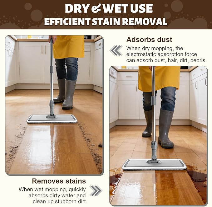17.7 Microfiber Mop for Floor Cleaning 59in Long Adjustable Stainless Steel Handle 360° Rotating Large Flat Mops 4 Washable Pads for Dry &amp Wet Cleaning for Hardwood Vinyl Laminate Grey