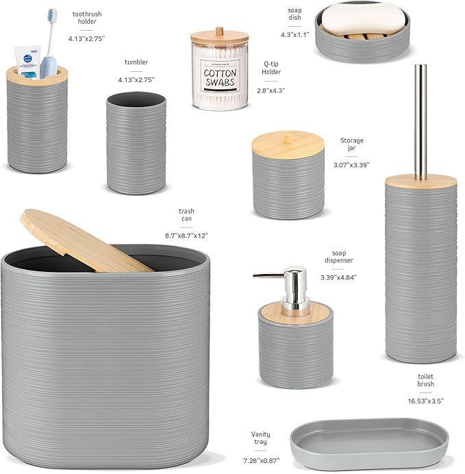 IMAVO Bathroom Accessory Set-11Pcs Grey Bathroom Accessories Set with Trash CanSoap DispenserSoap DishToothbrush HolderToothbrush CupToilet Brush HolderQtip Holder Dispenser with Labels