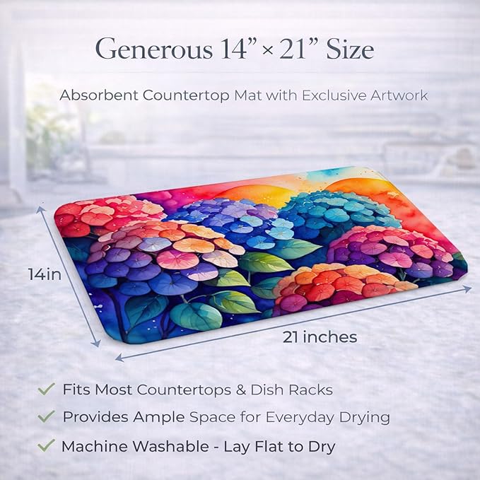 Caroline's Treasures DAC1440DDM Hydrangeas in Color Dish Drying Mat Absorbent Dish Drying Mat Pad for Kitchen Counter Dish Drainer Mat for Countertop 14 x 21 Multicolor