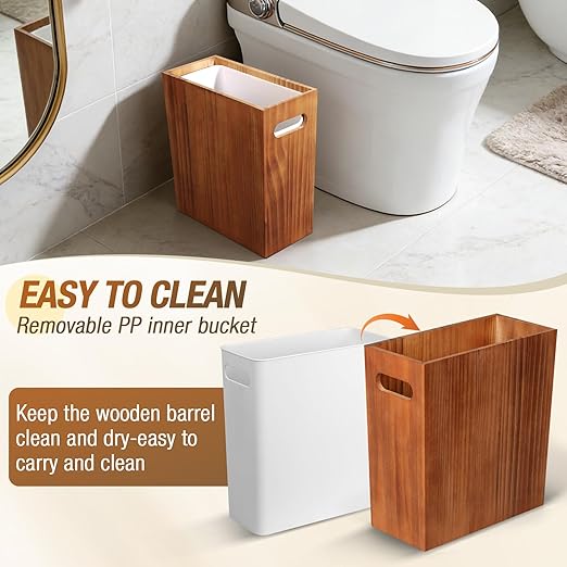 3 Gallon Wood Trash Can Solid Wooden Trash Can with Plastic Liner Handmade Slim Small Trash Can with Handle Fits Narrow Spaces Decorative Wastebasket for Bathroom Bedroom Office Kitchen