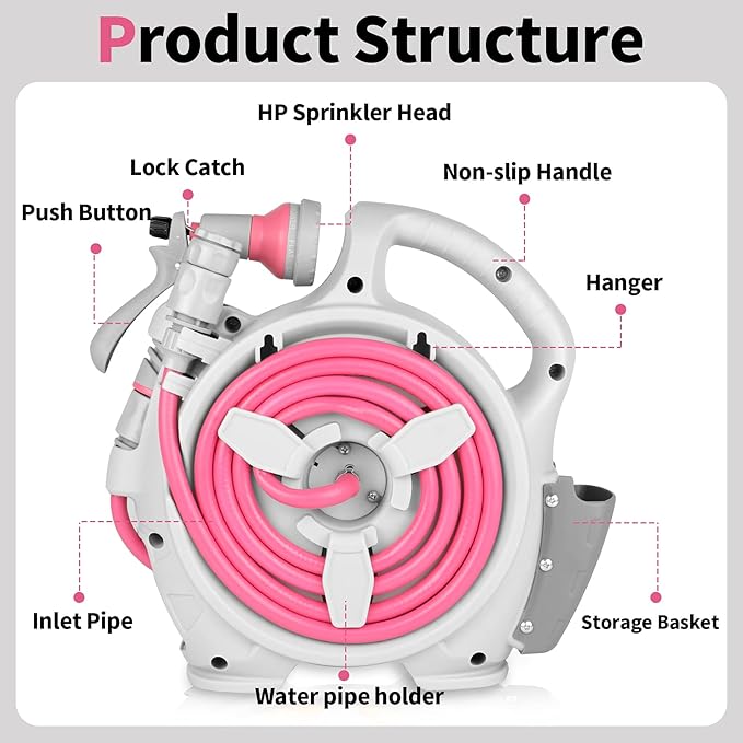 Garden Retractable Hose Reel Portable Simple Home Hose Reel 45+5 FT with 7 Patterns Spray Nozzle Wall Mounted and Any Length Lock for Garden Watering Car Washing Pet (Red Rose)
