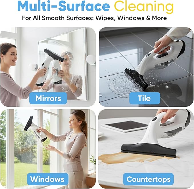 Cordless Window Vacuum Squeegee with Detachable Water Tank 2000Pa Strong Suction Rechargeable Glass Cleaner for Windows Shower Mirror &amp Tiles Lightweight 2-in-1 Wiper with Microfiber Pad
