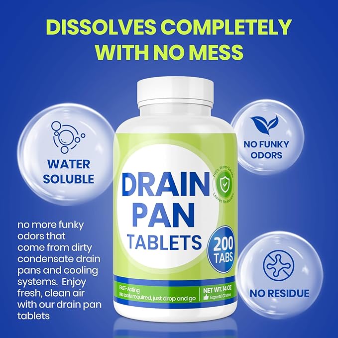 Drain Pan Tabs - 200 Tablets AC Drain Line Cleaner Fast-Acting Treatment for HVAC Window Units Mini-Splits Dehumidifiers Refrigerators - Lasts Up to 4 Weeks No Residue Water-Soluble