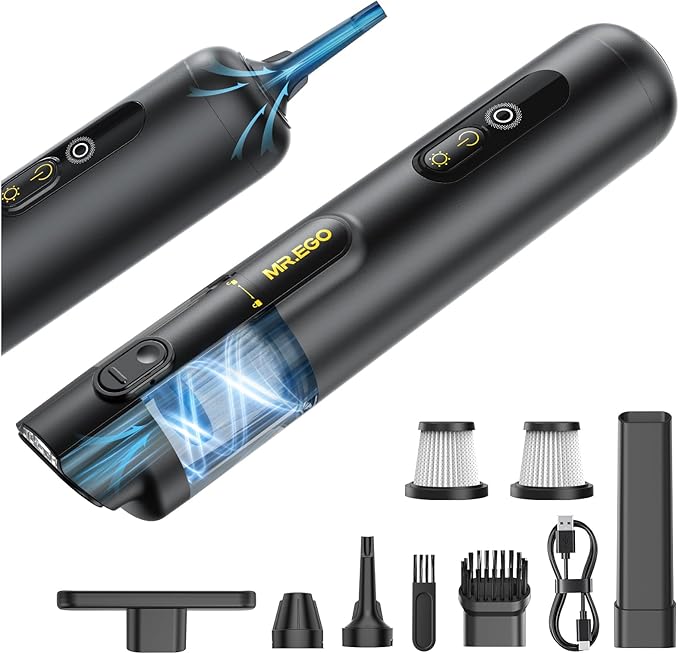Mr.ego Car Vacuum Portable Cordless 20000Pa Mini Vacuum Cleaner &amp Air Duster 100000 RPM Brushless Motor Handheld Vacuum with LED Light and Multi-Nozzles for Car Home Office Pet (Black)