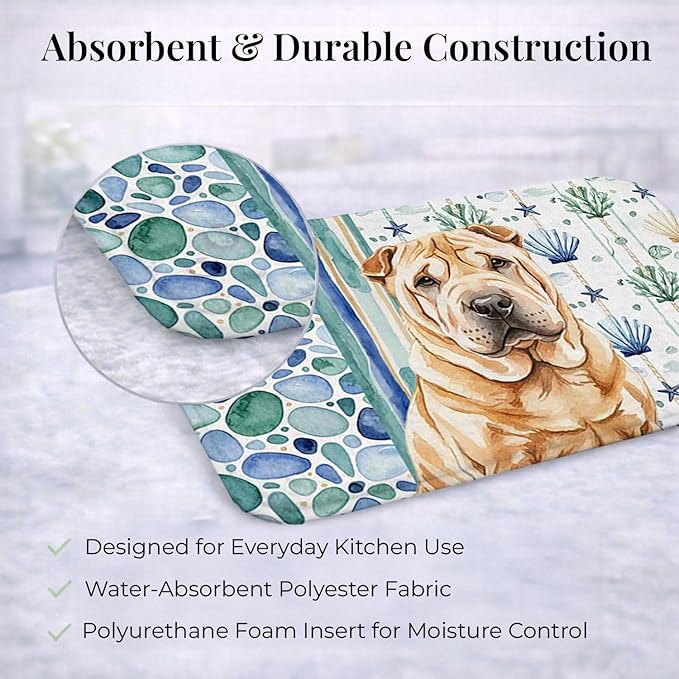 Caroline's Treasures Red Shar Pei Coastal Sea Glass Dish Drying Mat Absorbent Dish Drying Mat Pad for Kitchen Counter Dish Drainer Mat for Countertop 14 x 21 Multicolor