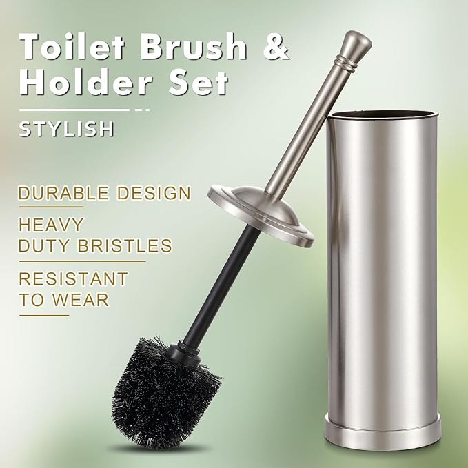 Brushed Nickel Toilet Brush and Holder Set304 Stainless Steel Toilet Bowl Brush and Holder for BathroomSilver Heavy Duty Toilet BrushDurable Scrubbing BristlesSplash ResistantLong Handle